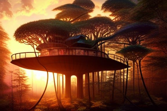 Sunset Treehouse in Cyber Forest: Cell Shaded Concept Art