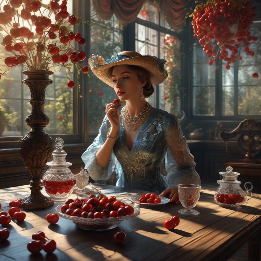 Luxurious Lady Tasting Cherries in Sunlight, Photorealistic