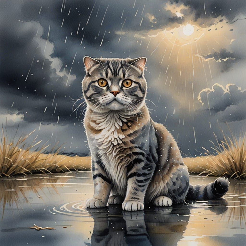 Whimsical Watercolour of a Scottish Fold Cat in Stormy Weath...
