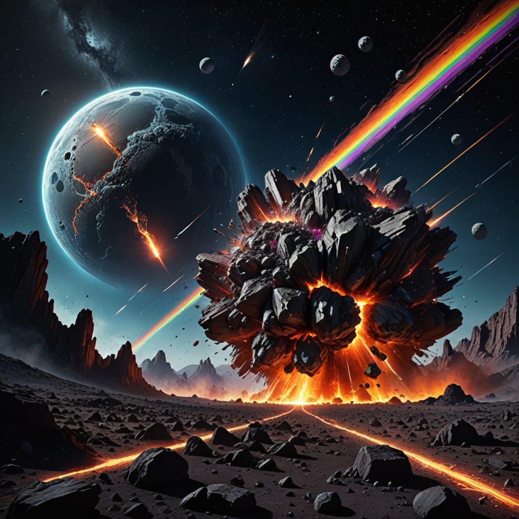 Meteorites Impact Moon with Rainbow Trails