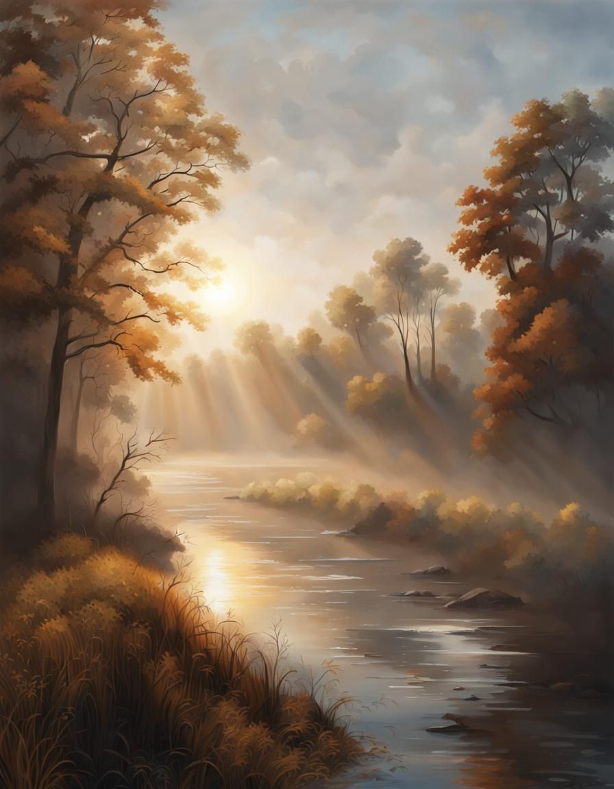 Hyperrealistic Foggy River Sunrise Splash Art