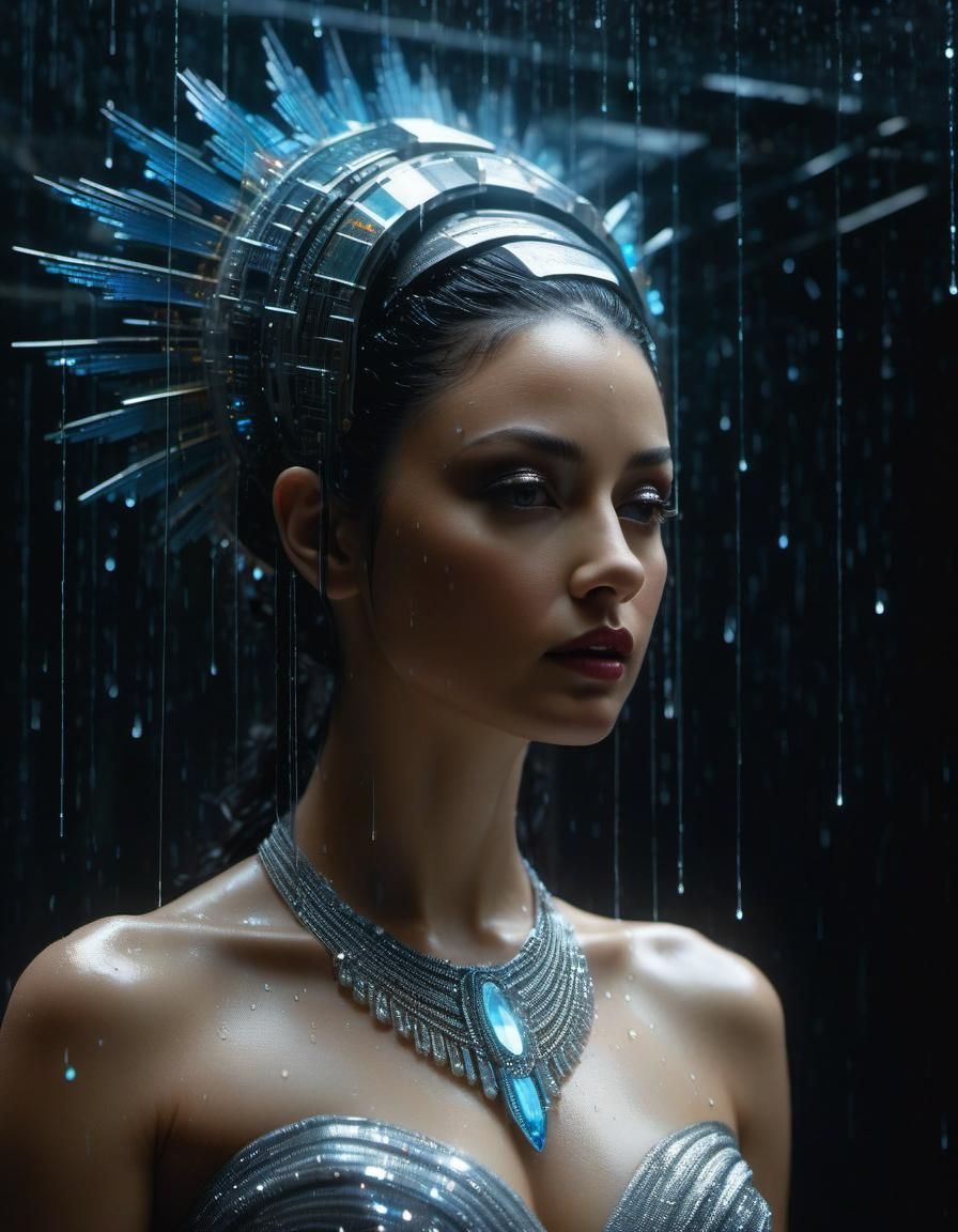 Holographic AI Goddess in Data Rain