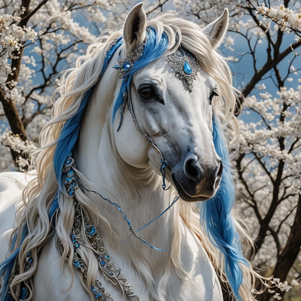 Elf with Flowing Hair Rides White Horse
