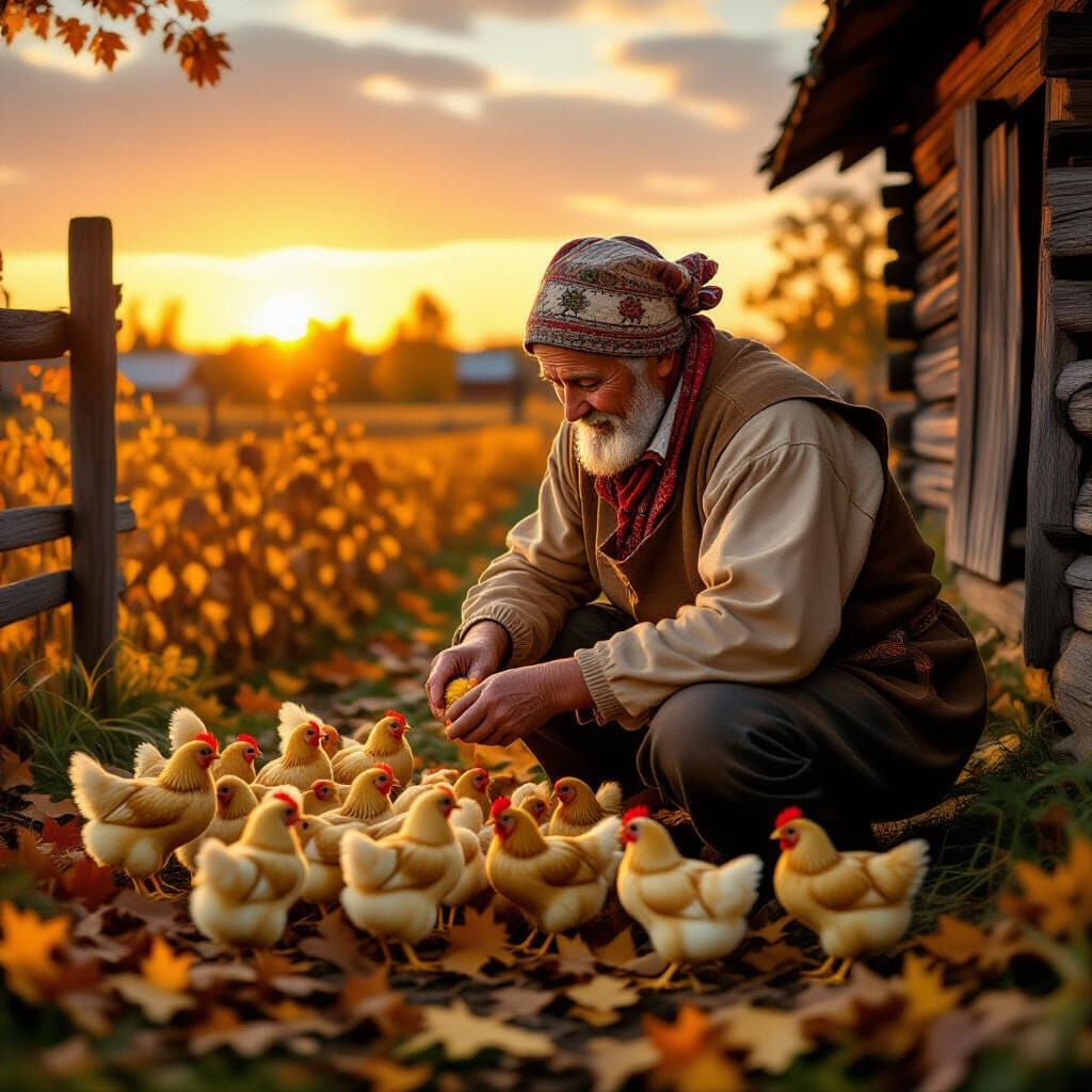 Elderly Peasant Counts Golden Chicks in Autumn Yard