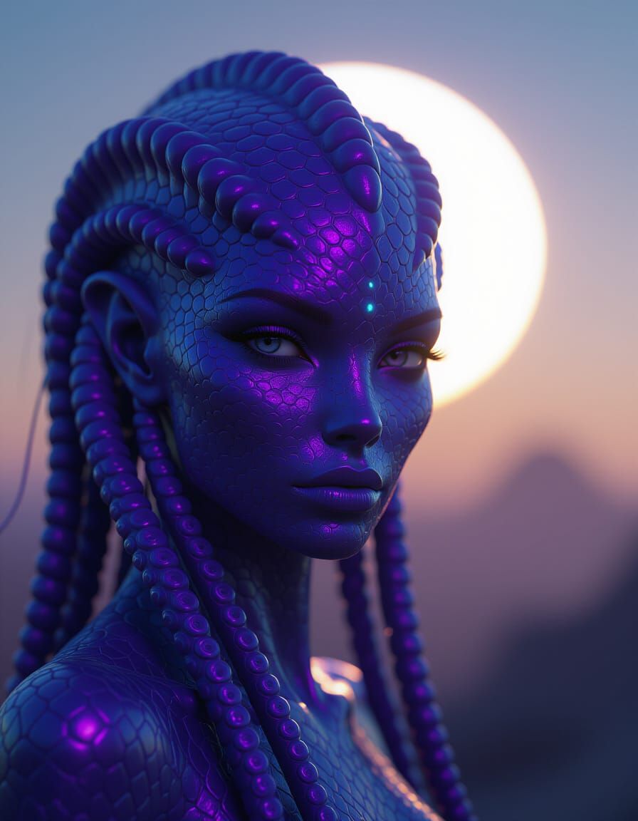 Photorealistic Alien Woman with Tentacles in Twin Sun Glow