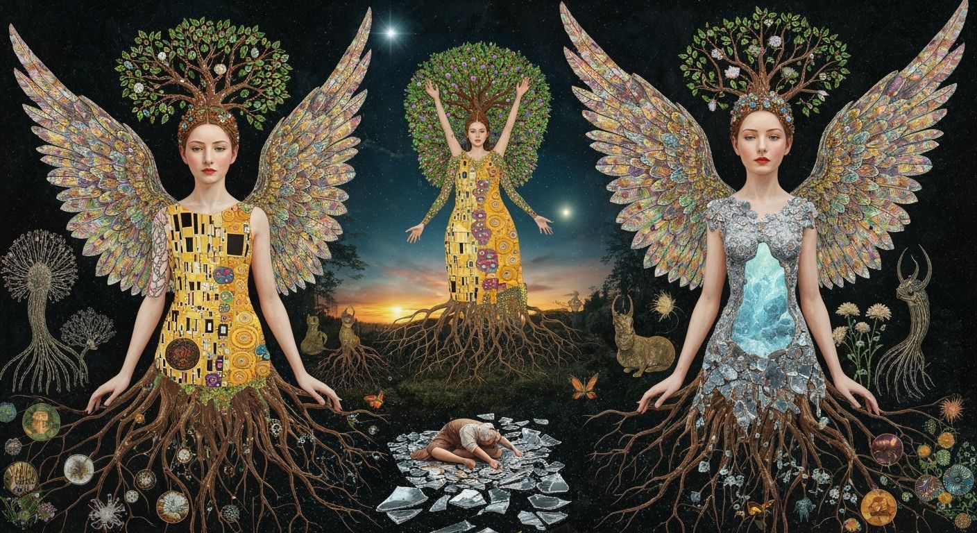 Surreal Fragmented Sculpture of Woman with Iridescent Wings