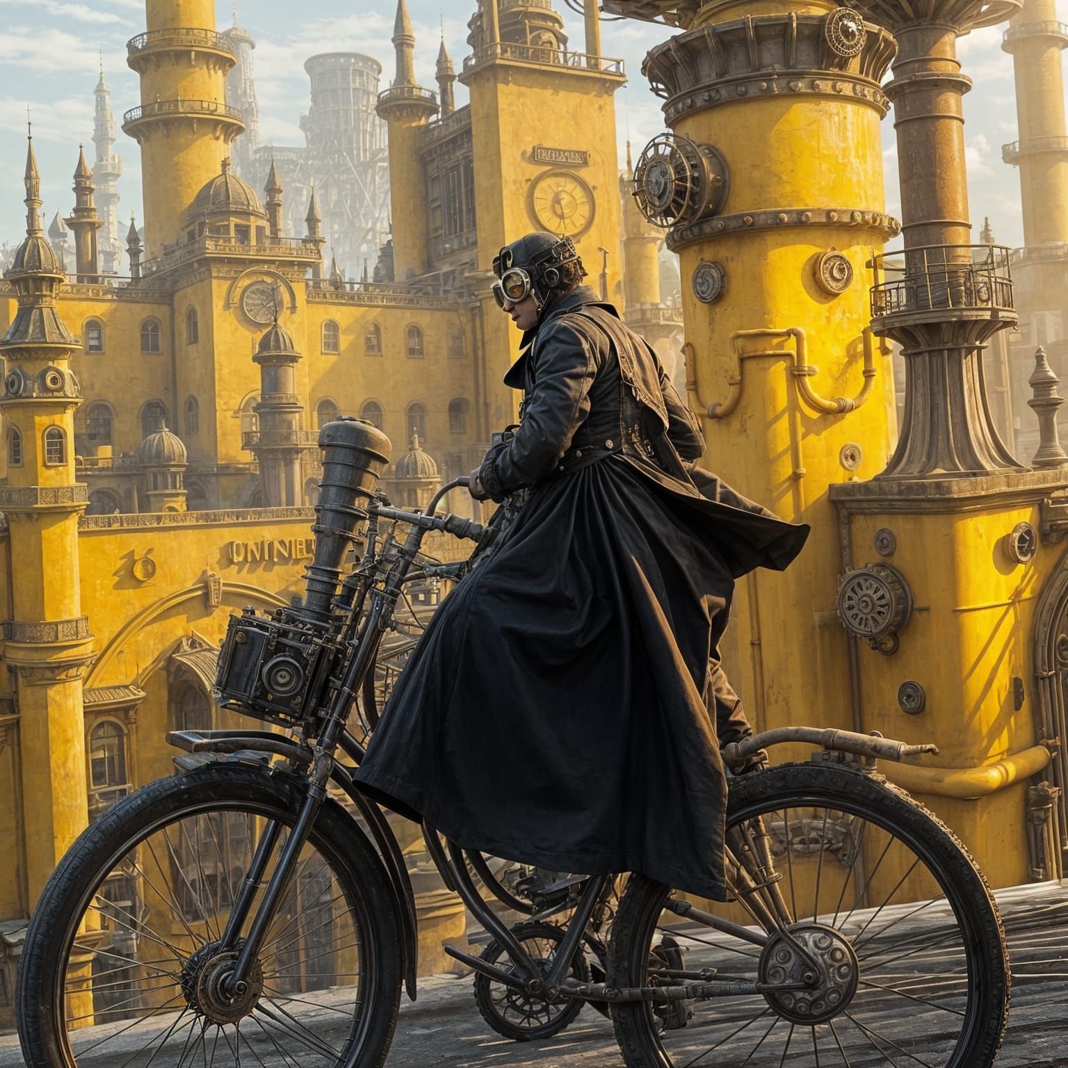 Steampunk Riders Zoom Past Bright Yellow Castle Walls