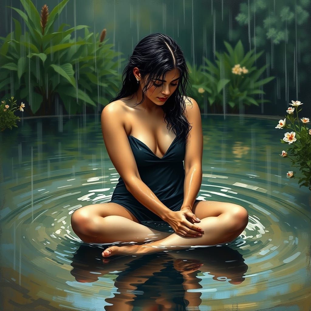 Mexican Woman in Rainy Impressionist Landscape