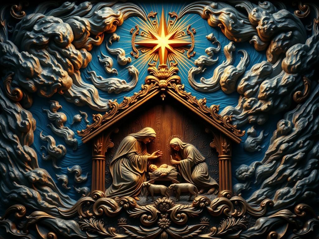 Baroque Nativity Scene in Carved Wood Relief