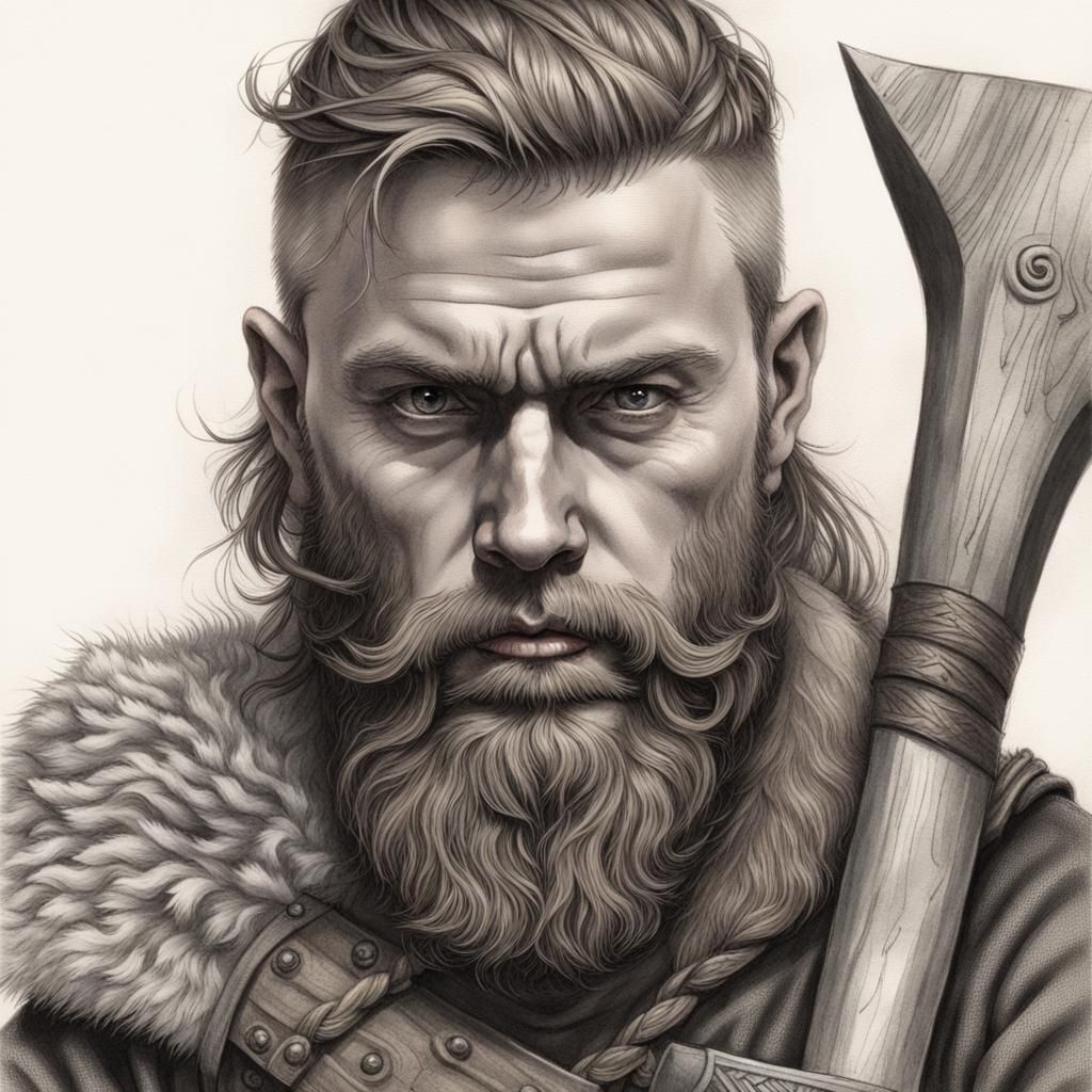 Hyperdetailed Charcoal Portrait of a Worried Viking