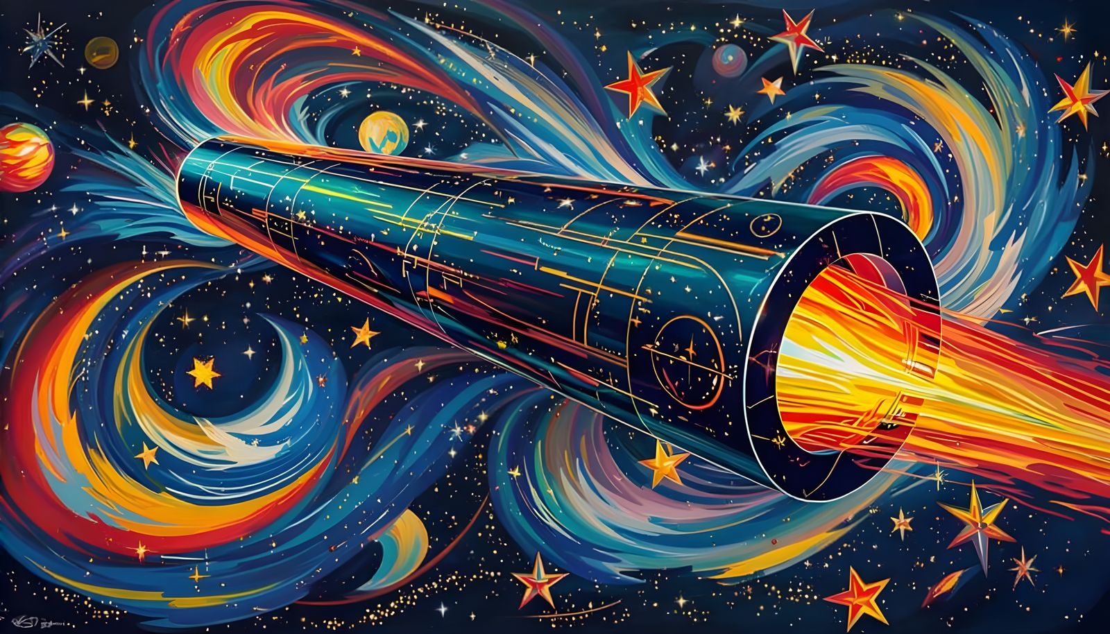 Gleaming Cylinder Soaring Through Impasto Starry Cosmos