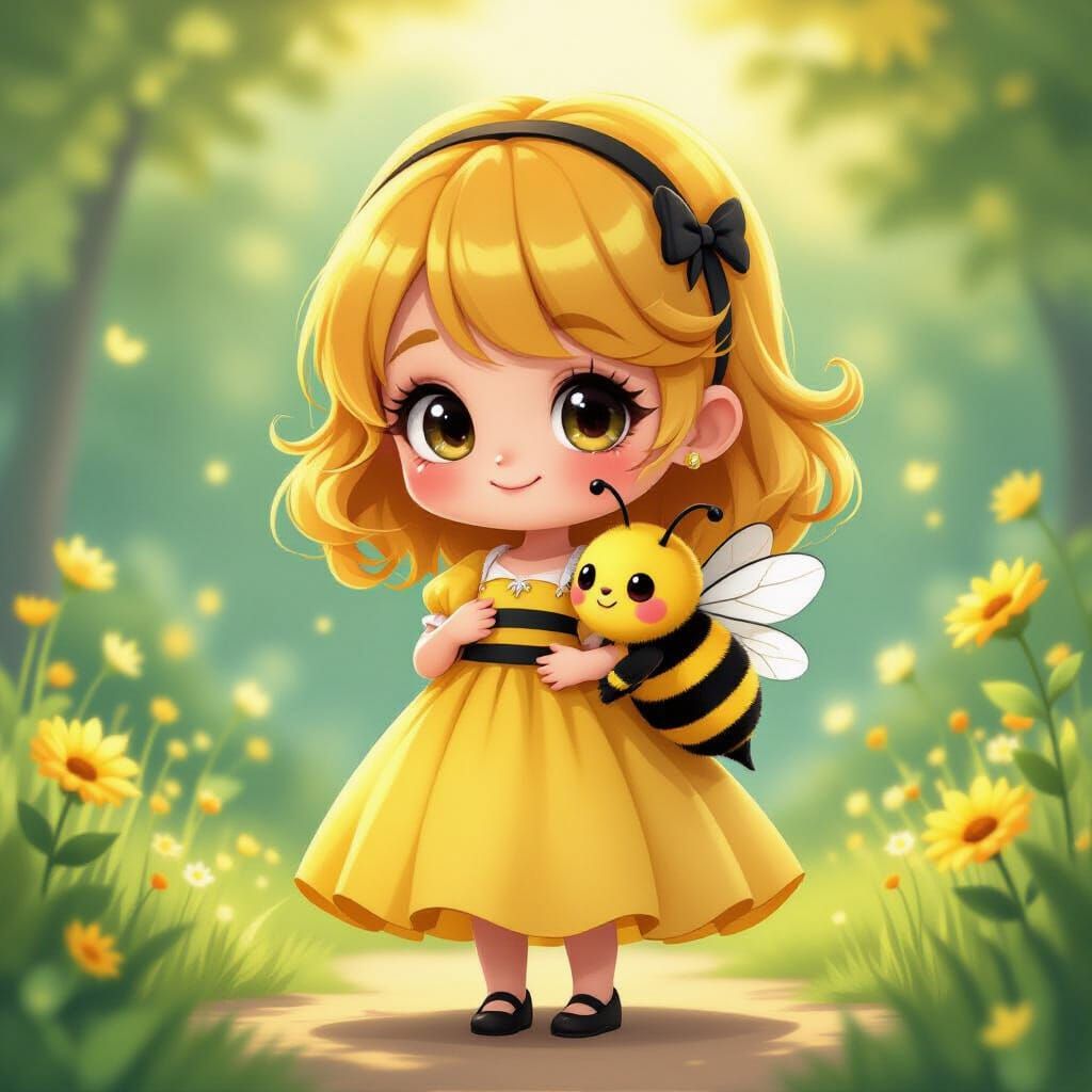 Chibi Girl with Plush Bee in Whimsical Style