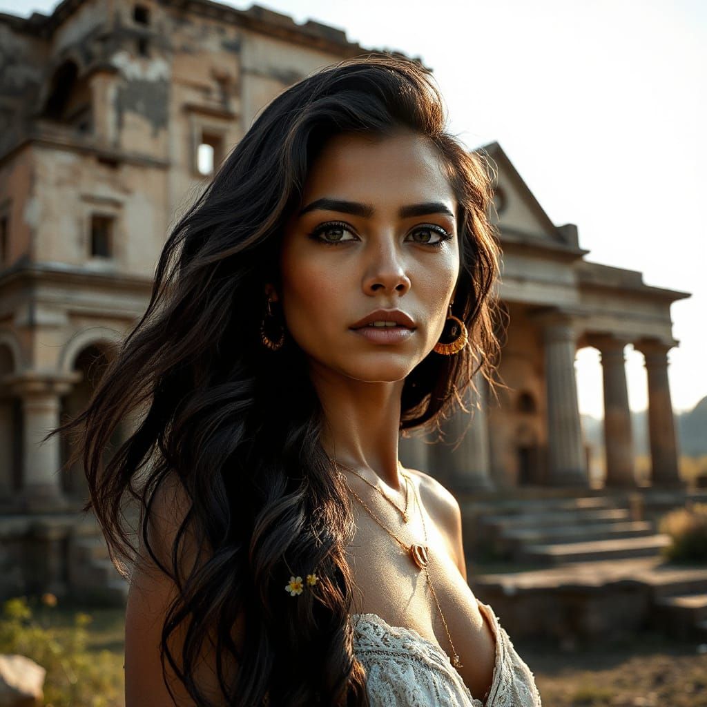 Latina Woman in Crumbling Temple: Ethereal Realism