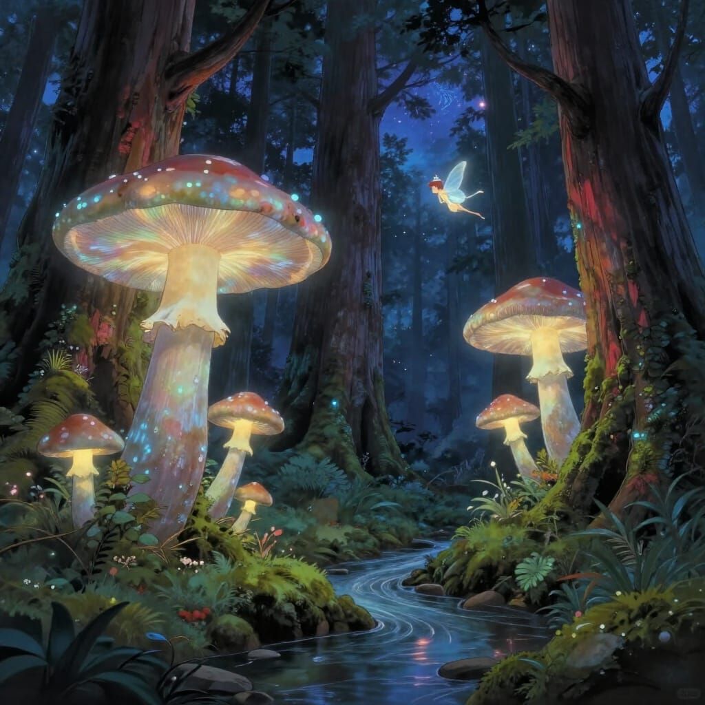 Ancient Redwood Forest Under Twilight Sky with Bioluminescen...