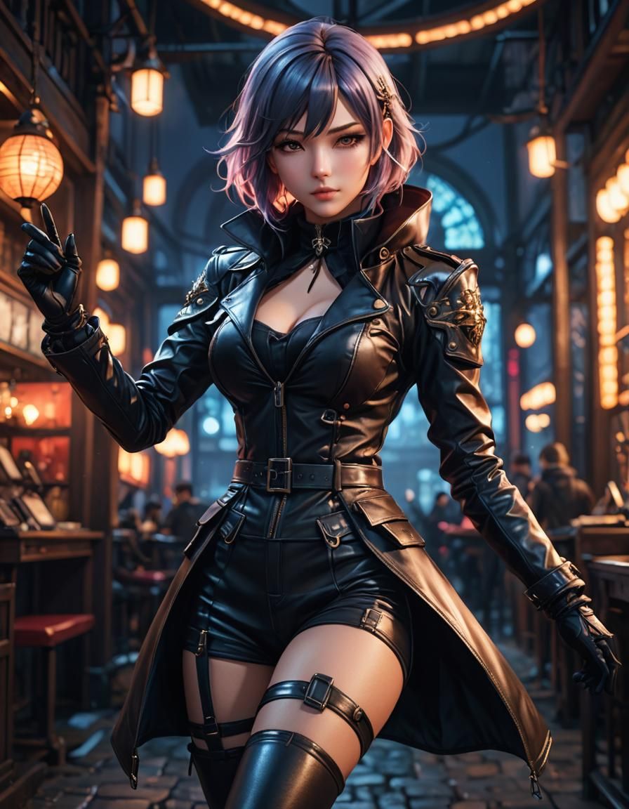 Anime Girl in Leather with Magic Particles