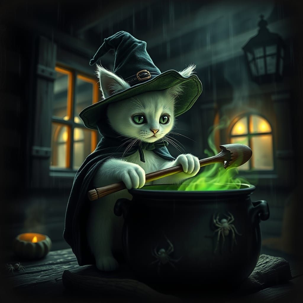 Cat Witch Stirring Potion in Gothic Fairy Tale Style