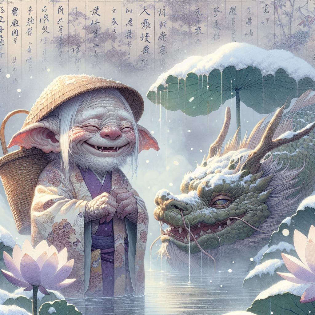 Elderly Gremlin in Ukiyo-e Style with Water Dragon
