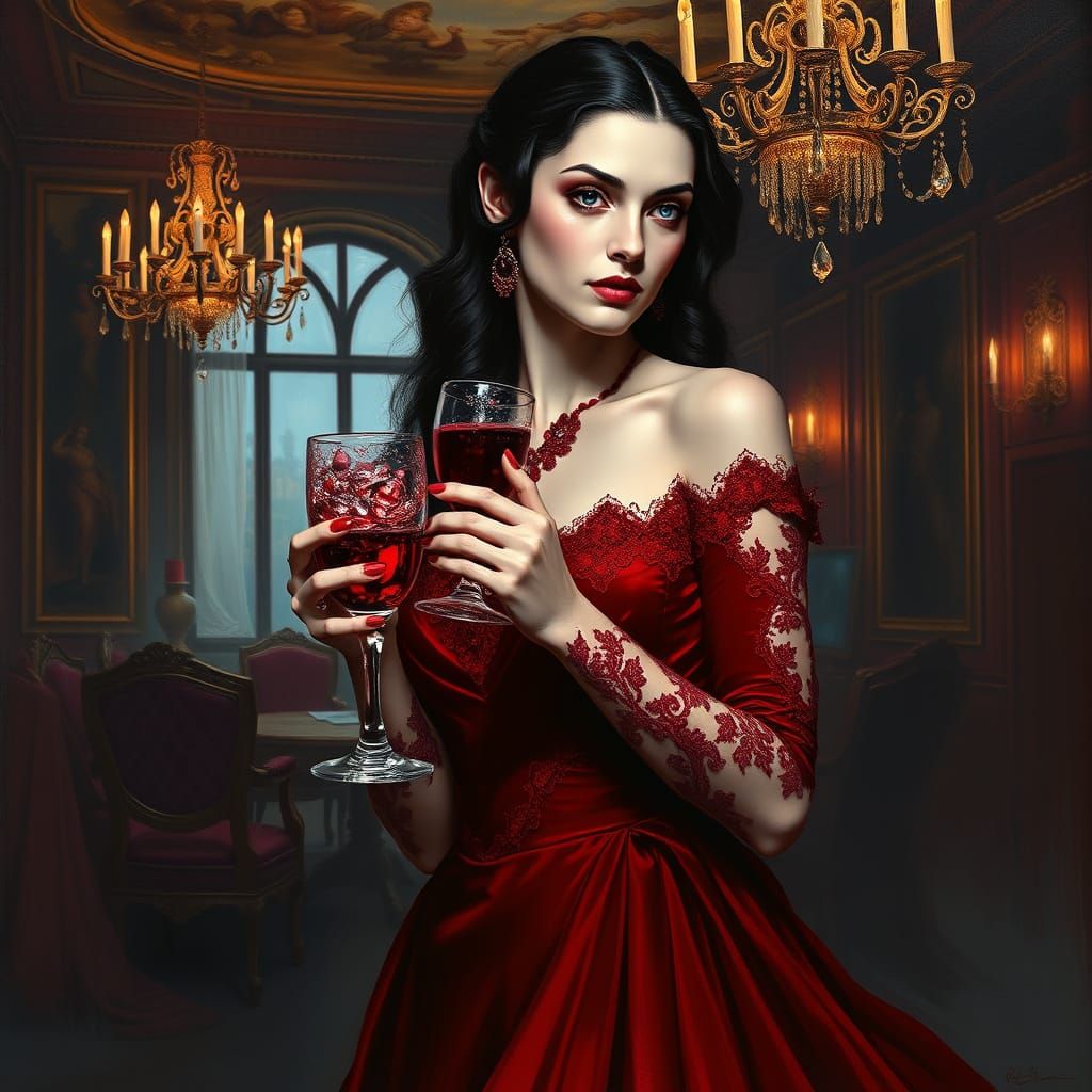 Elegant Vampire Goddess in Crimson Velvet Gown