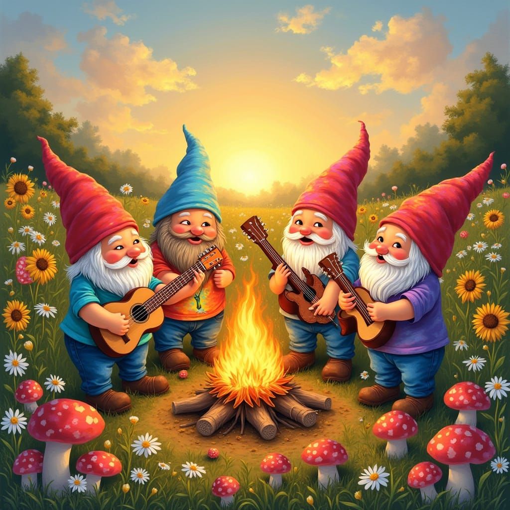 Psychedelic Gnome Party in Mushroom Field
