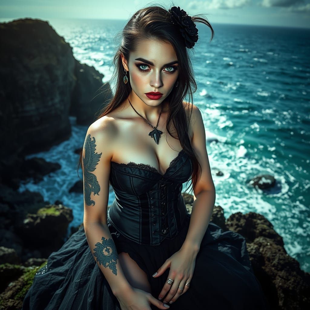 Irish Witch on Coastal Rock, Cinematic Portrait