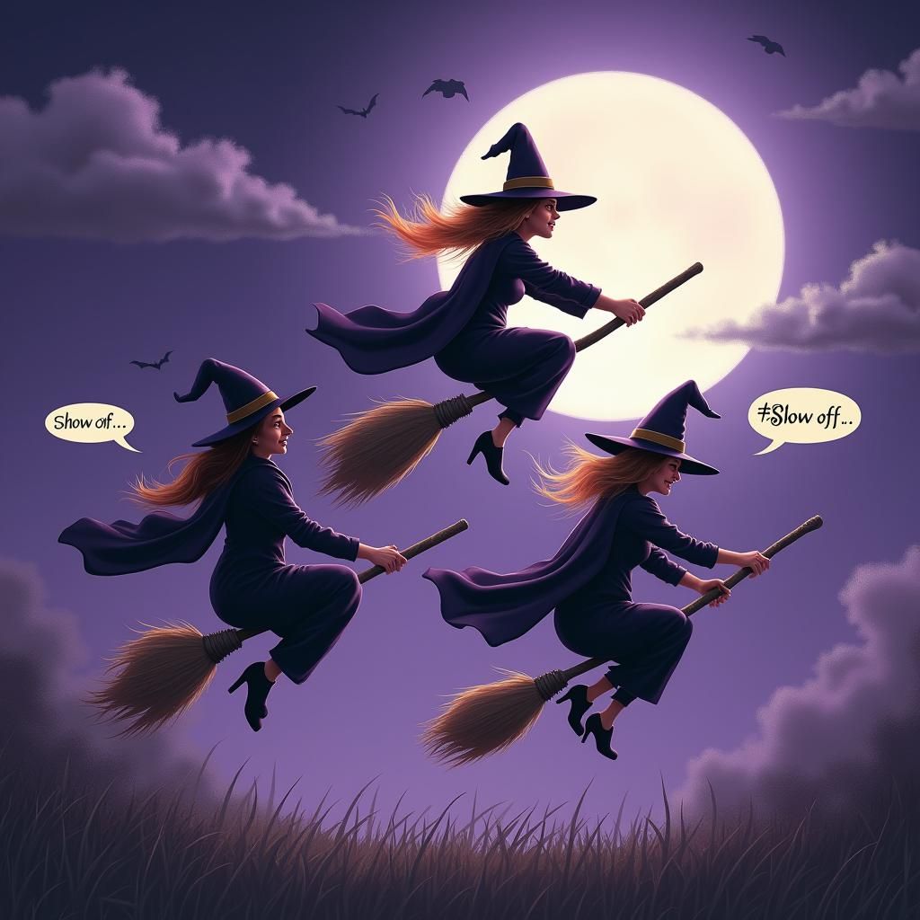 Witches Flying on Broomsticks in Cloudy Sky