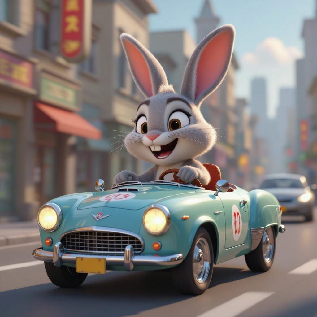Animated Rabbit Drives Bunny Car in Vibrant Cityscape