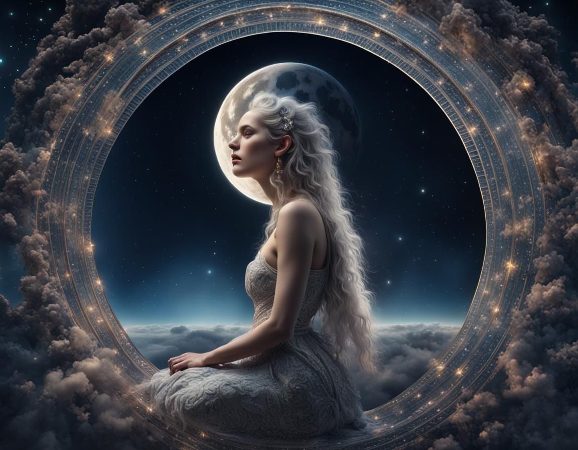 Goddess on Moon in Starry Sky: Digital Painting