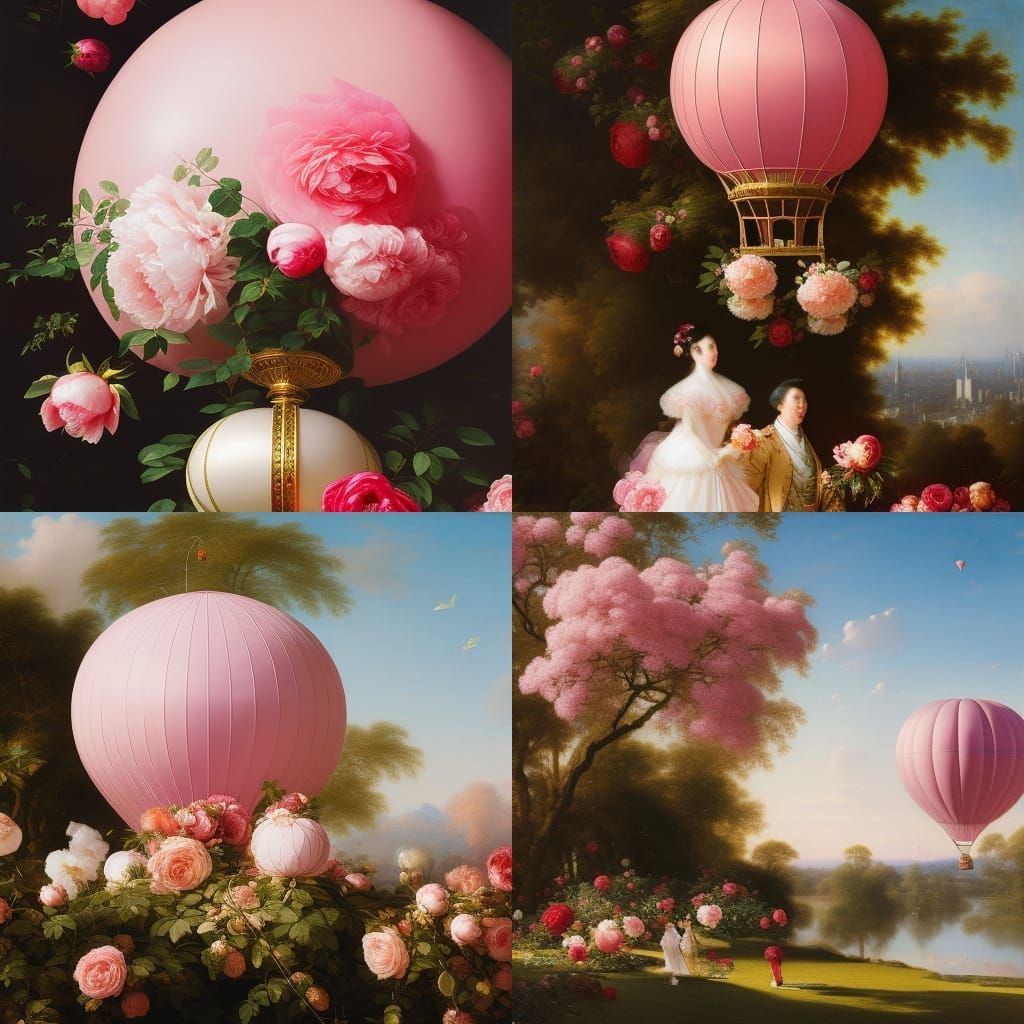 Pink Rose Hot Air Balloon: Rococo-Style Painting