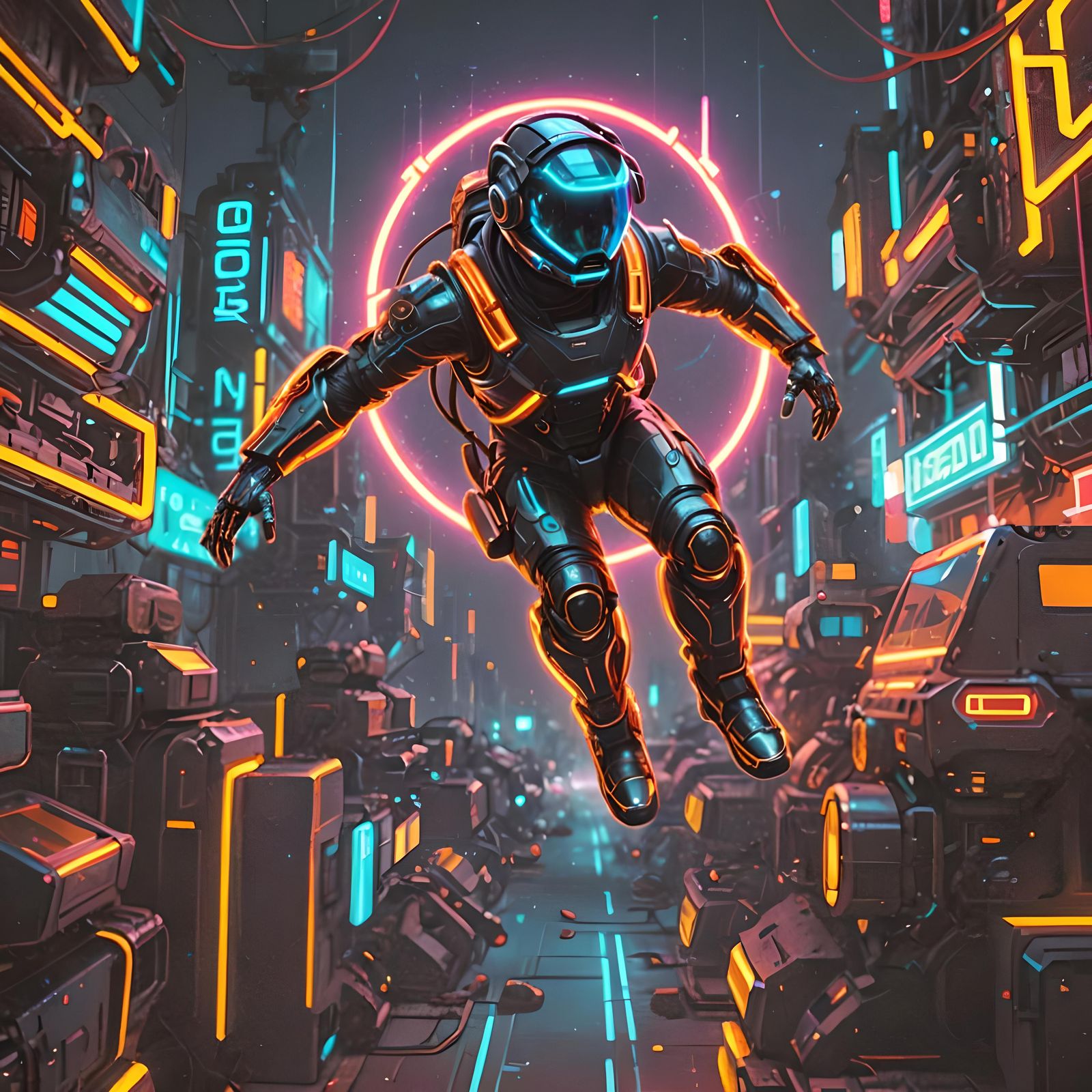 Cyberpunk Astronaut in Neon Tron Armor