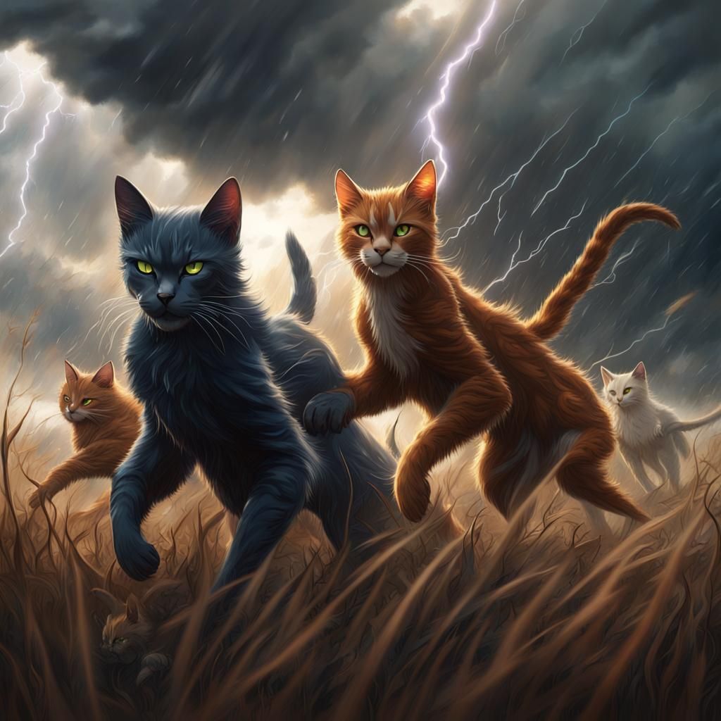 Epic Warrior Cats Battle on Stormy Field