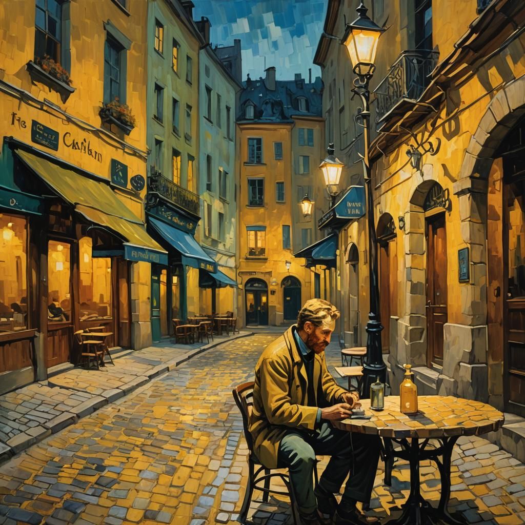 Lonely Man in Cafe, Van Gogh Style Impressionism