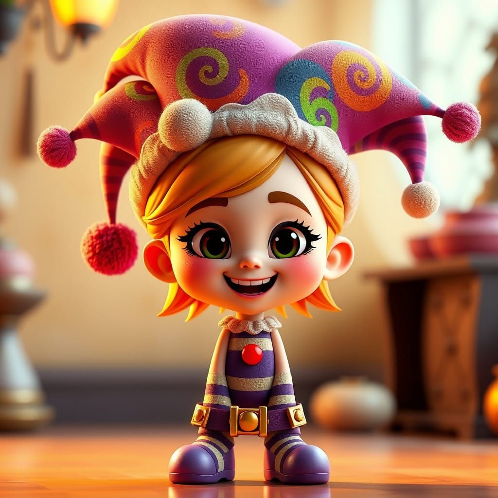 Whimsical Jester Girl in Vibrant Cartoon Style