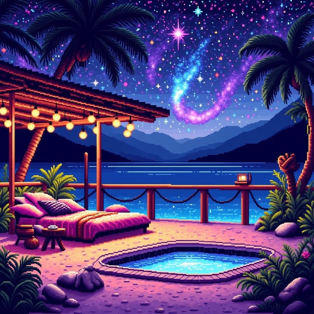 Cozy Pixel Art Beach Villa Under Galaxy Sky