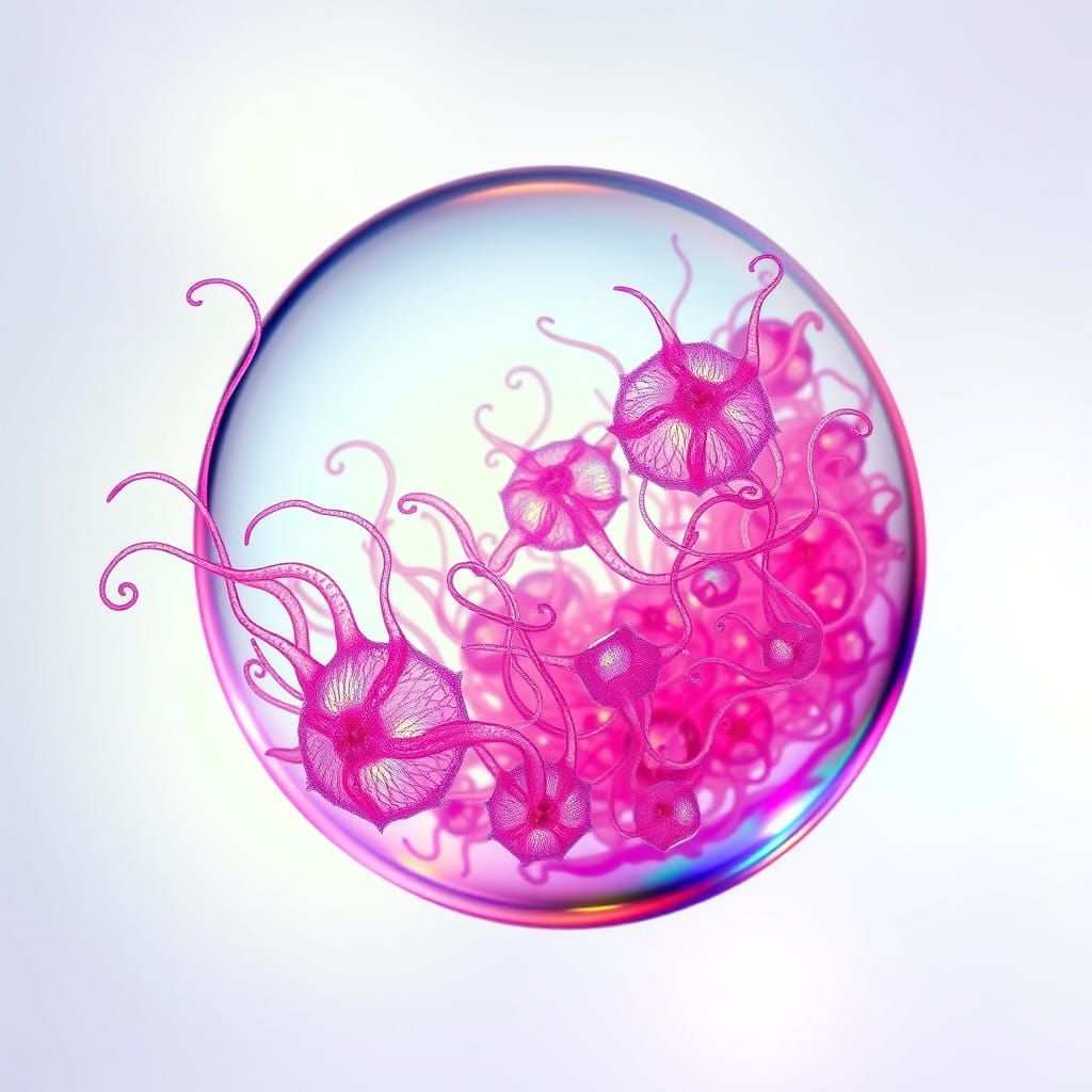 Iridescent Microbial Bloom in Haeckel-Inspired Waterdrop