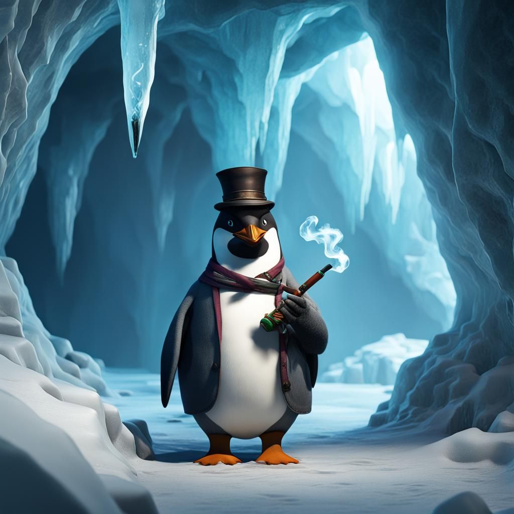 Penguin Smoking Pipe in Ice Cave, Digital Art