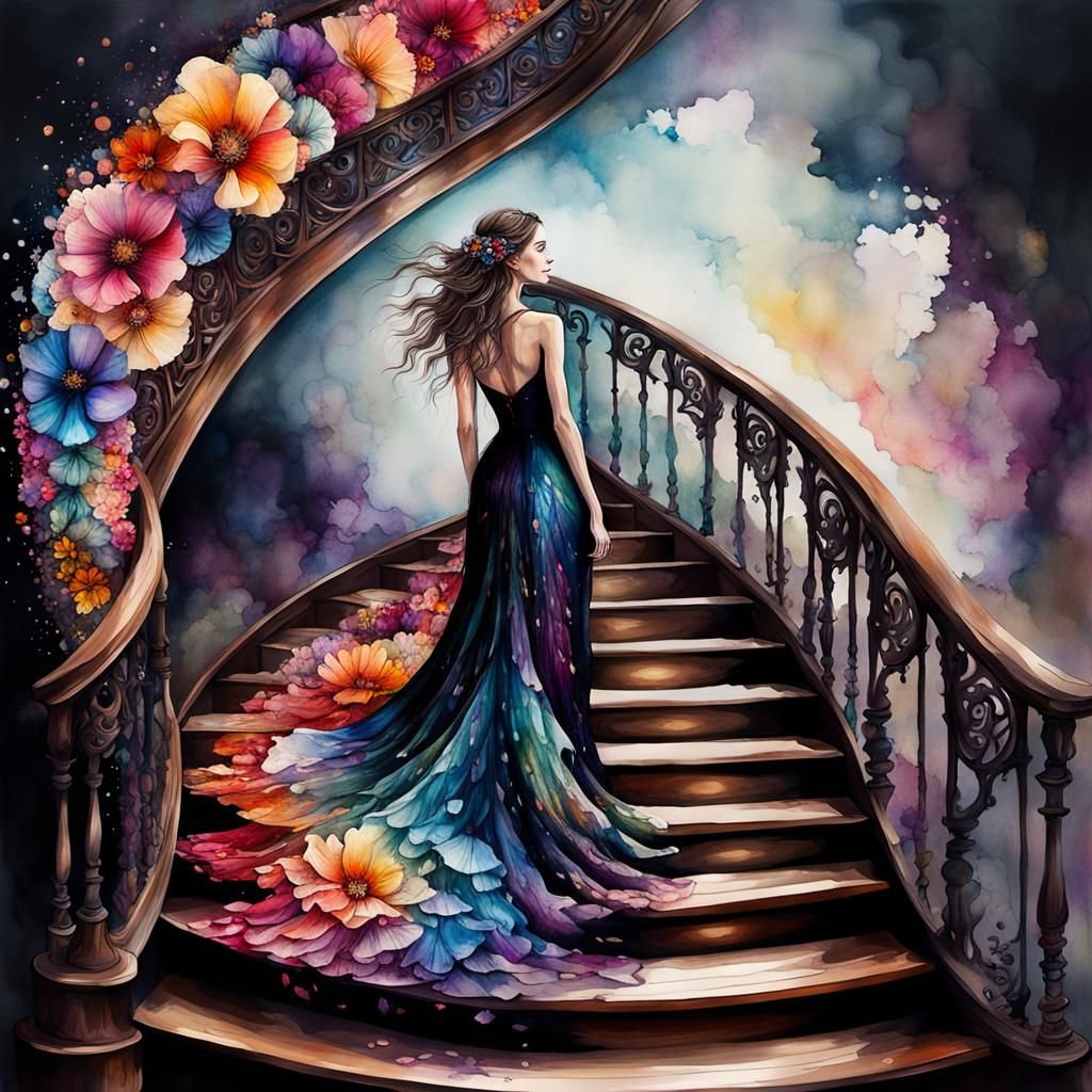 Woman in Flower Dress on Spiral Staircase
