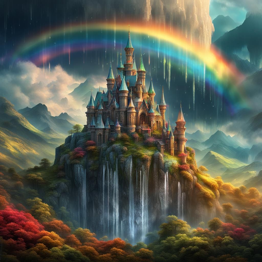 Crystal Castle in Mountains with Rainbow