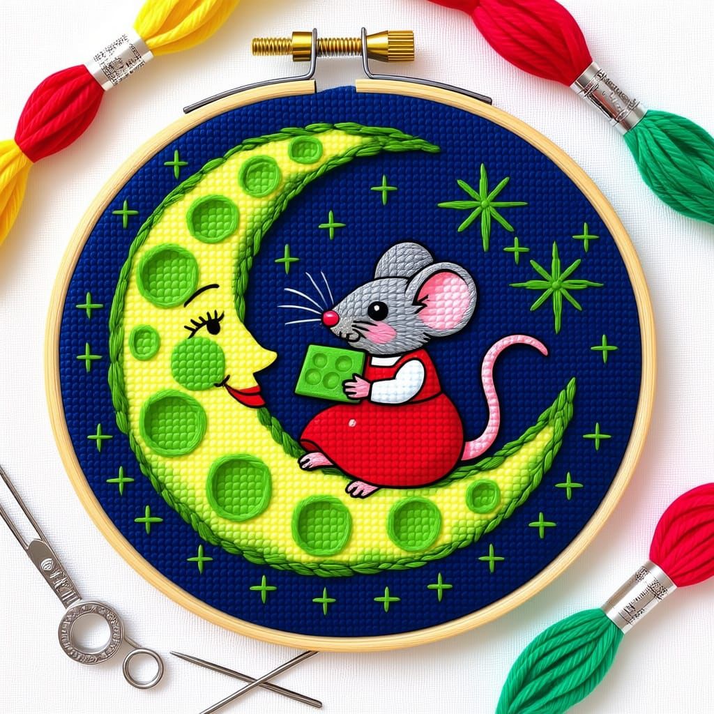 Whimsical Mouse and Moon Embroidery Art