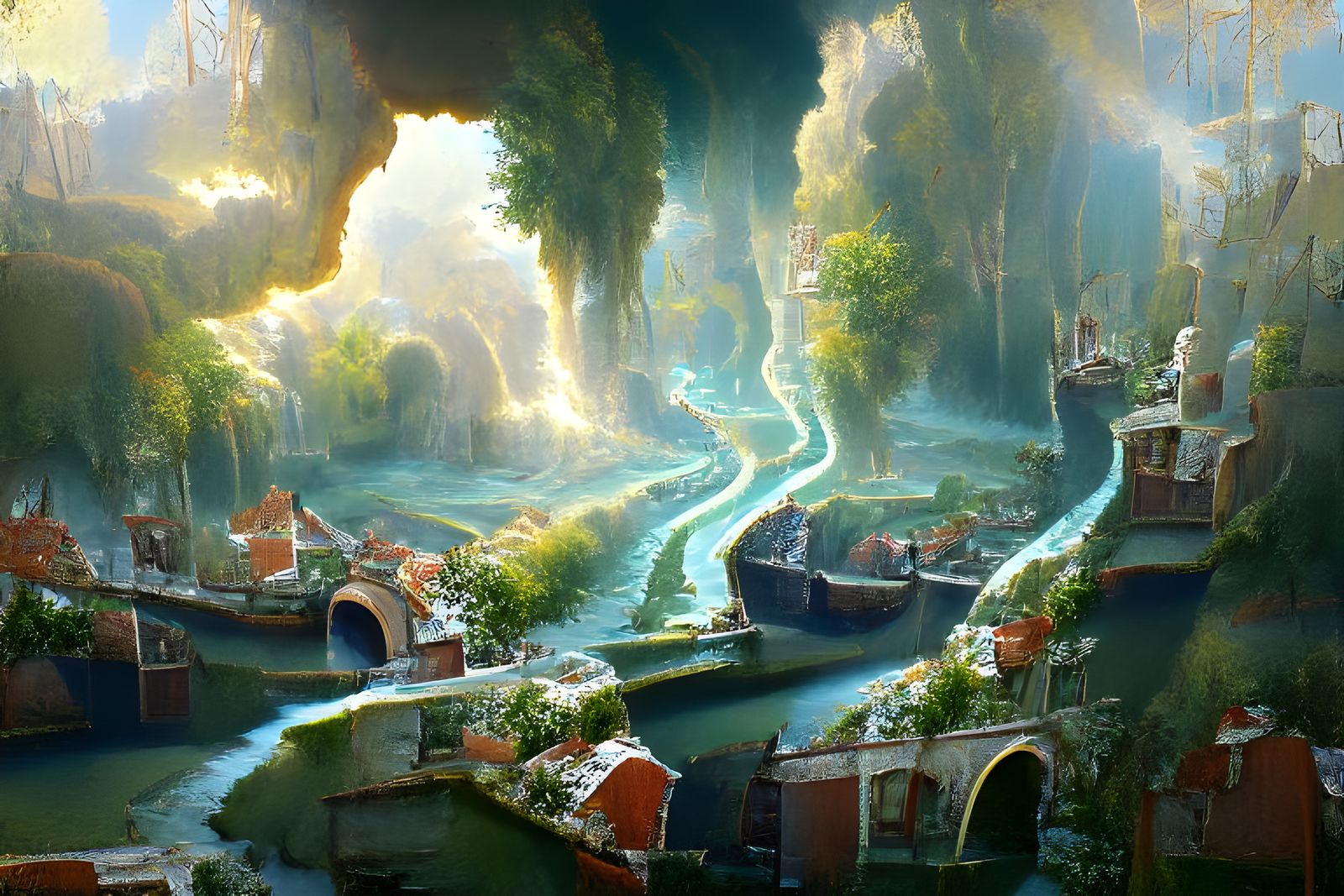 Fantasy Canal Town with Volumetric Lighting