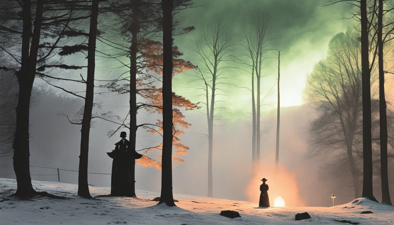 Mysterious Figure in Ethereal Snow Forest