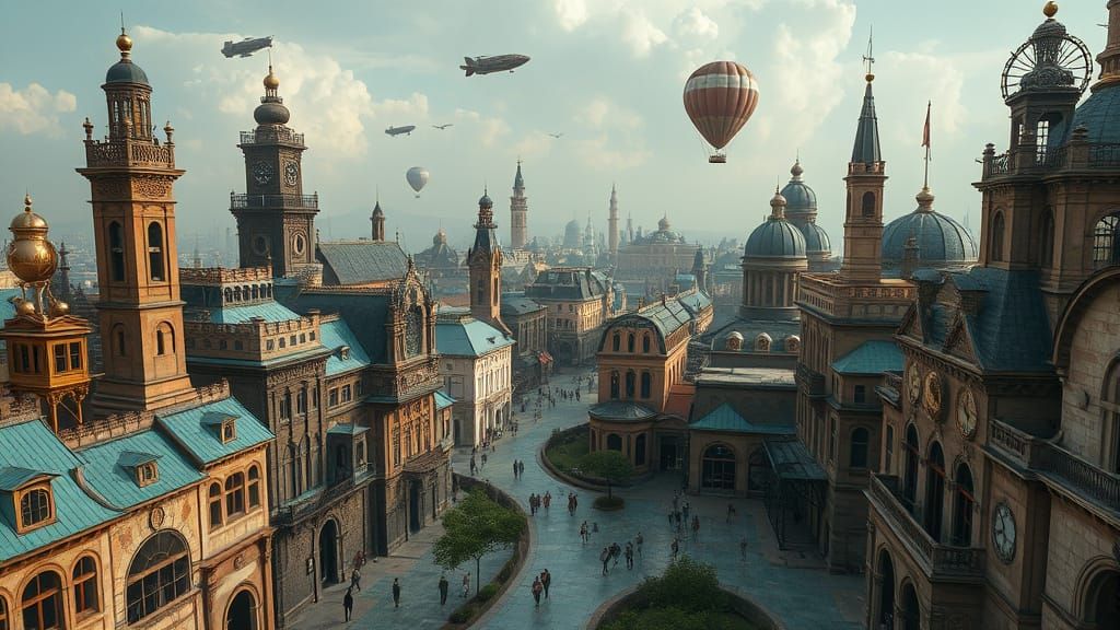 Dreamlike Steampunk City with Clock Towers and Airships