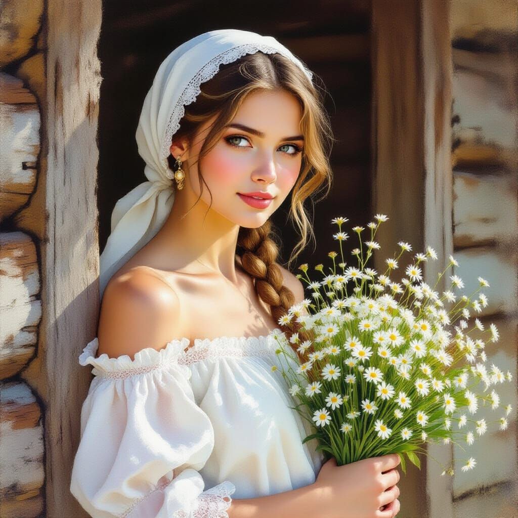 Dreamy Portrait of Russian Woman with Wildflowers