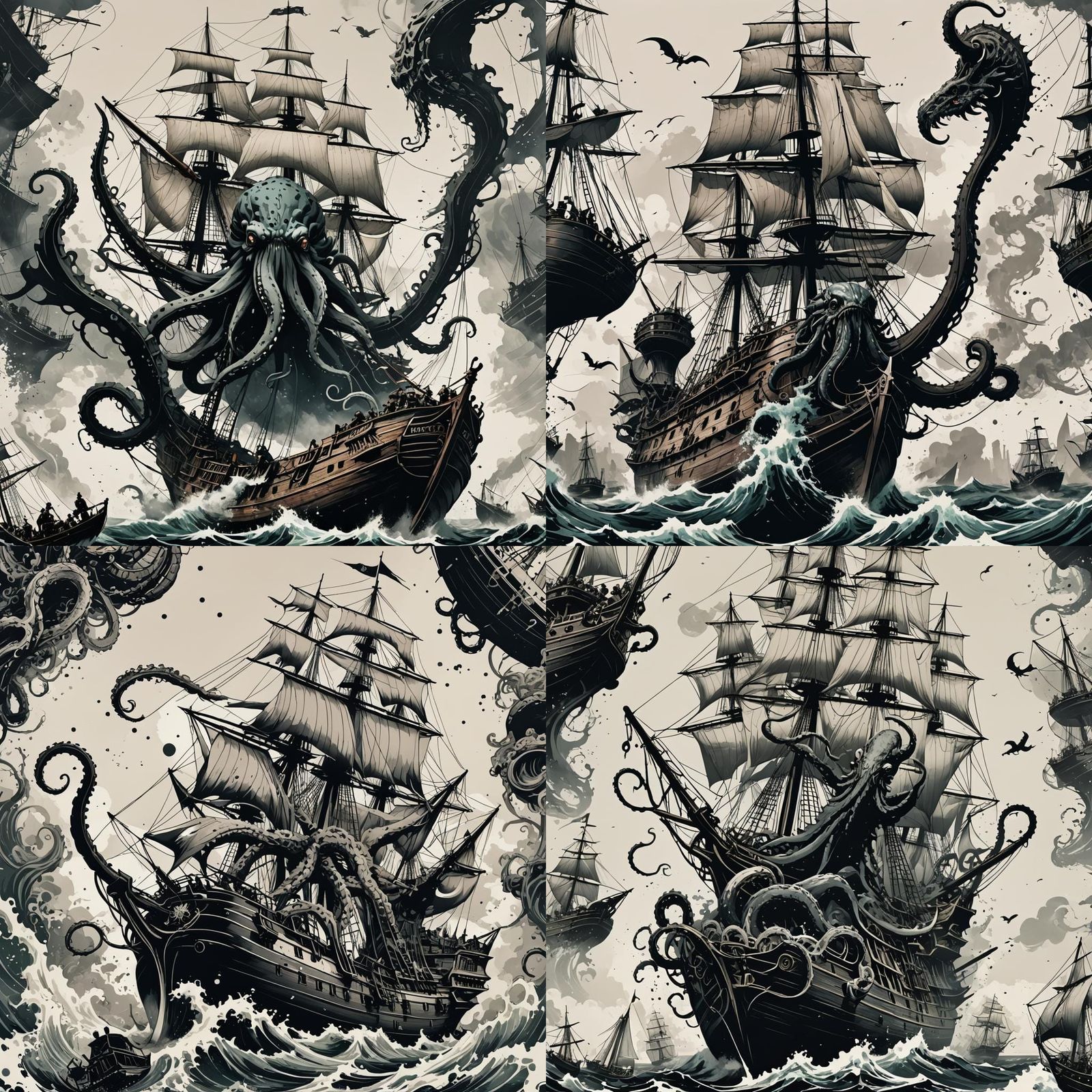 Kraken Attack on Sailing Ship in Trash Polka Style
