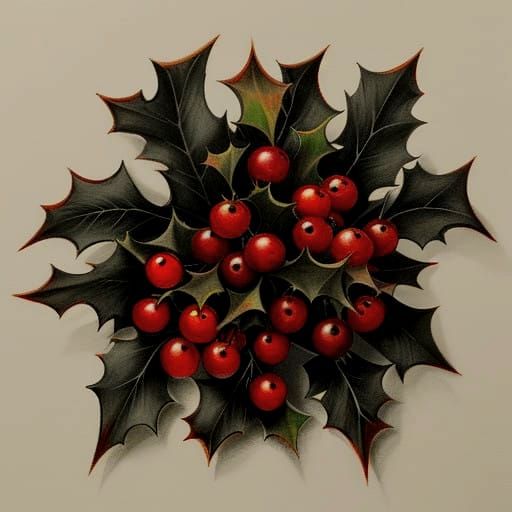 Winter Branch with Red Berries in Charcoal Drawing