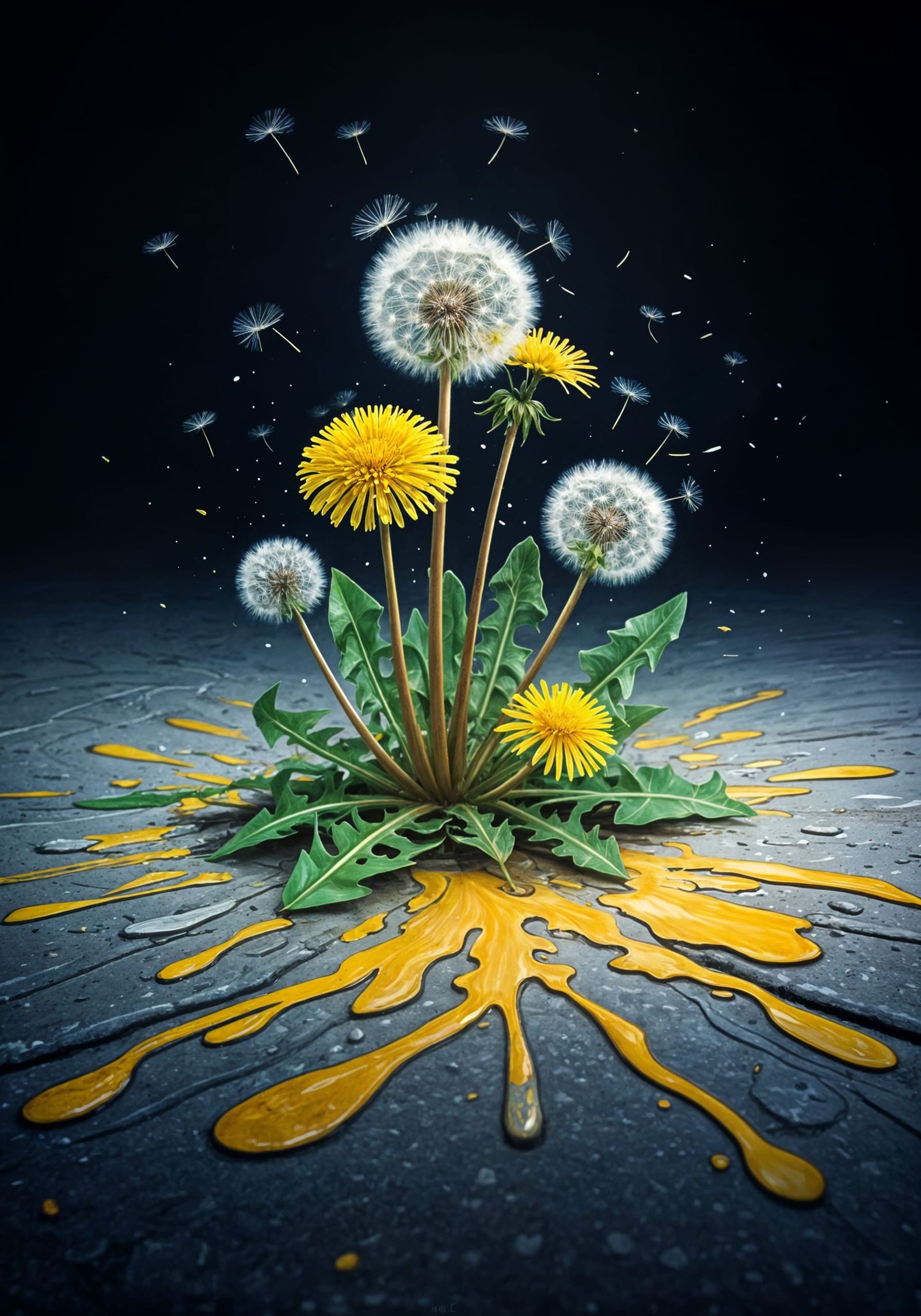 Dandelions growing out of a crack in a concrete sidewalk, graffiti art, splash art, street art, spray paint, oil gouache...