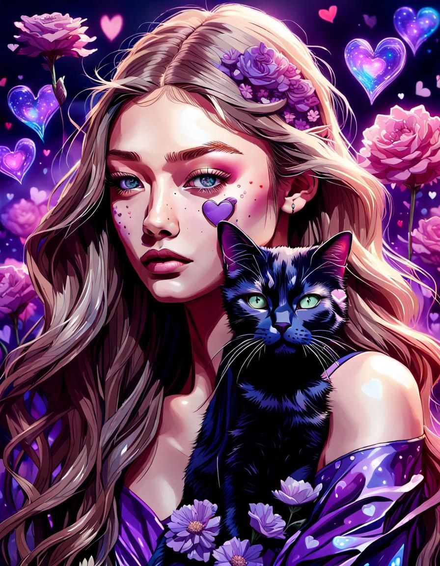 Gigi Hadid with Black Cat in Hyperrealistic Style