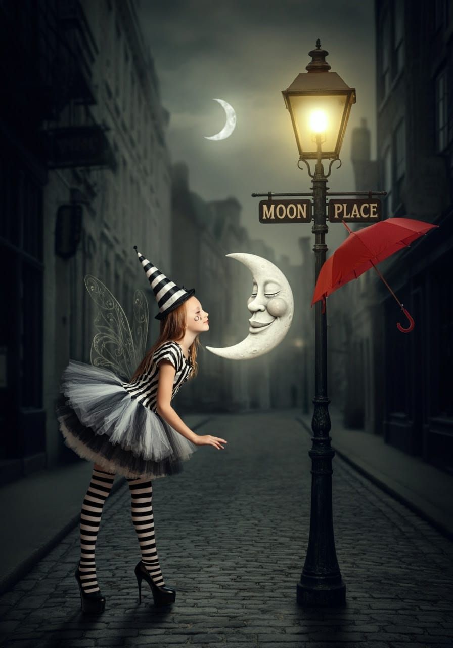 Whimsical Girl Meets Dreamy Moon in Vintage-Inspired Fantasy...