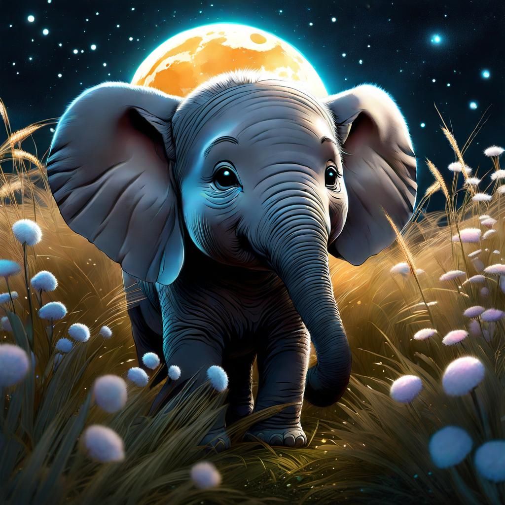 Cute Constellation Baby Elephant on Bioluminescent Savanna