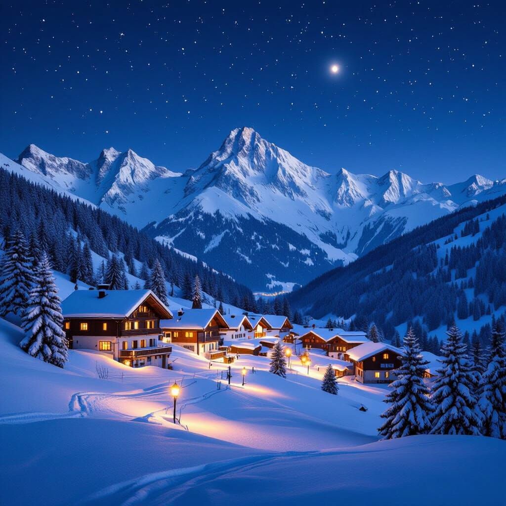 Snowy Alpine Village at Night
