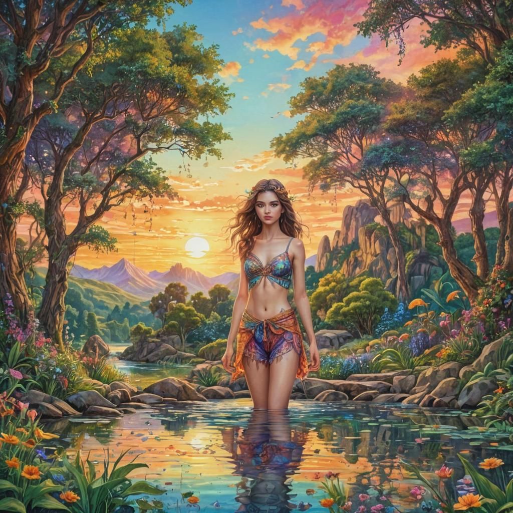 Fantasycore Summer Sunset Landscape Watercolor Art